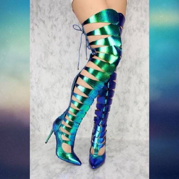 Metallic Two Tone Snakeskin Mermaid Thigh High Boots - Picture 1 of 6